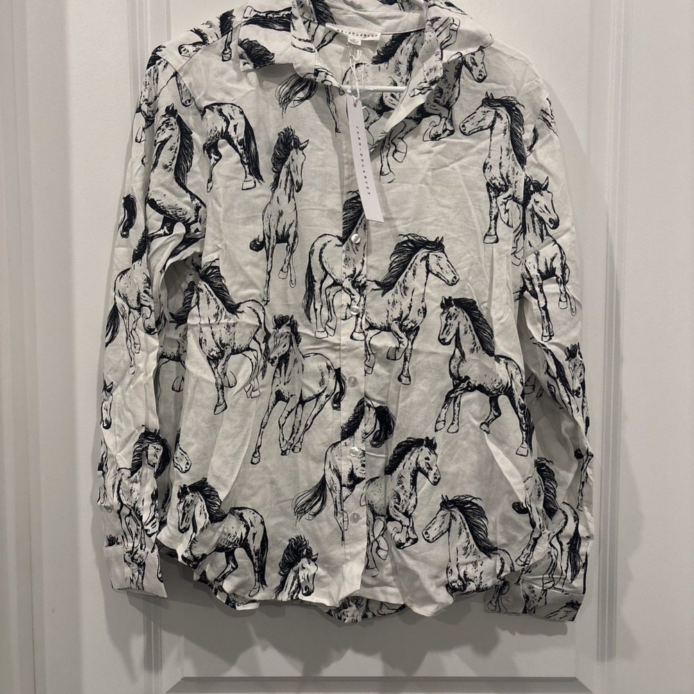 Jane & Delancey Women's Horse Print Button Down Shirt Linen Blend Size M White